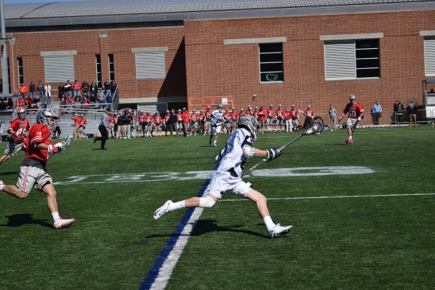 Penn State midfielder James Burke sprints for goal in a game against Ohio State on March 29, 2015. Penn State scored four quick goals in the fourth quarter before time ran out. Photo by: Matt Custodio